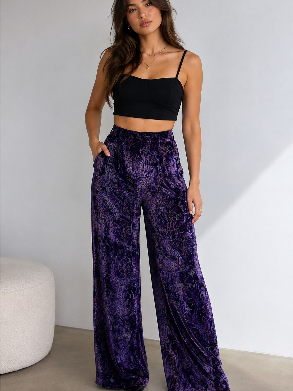 Spenser Jeremy Purple Burnout Velvet Wide Leg Pants | High Rise | Boho Paisley